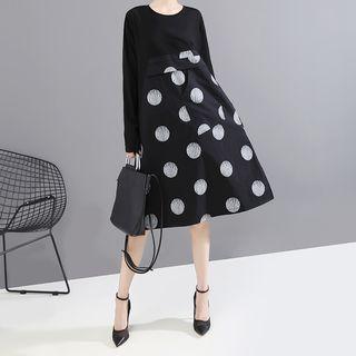 Dotted Panel Round-neck Long-sleeve Dress Black - One Size