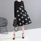 Dotted Panel Round-neck Long-sleeve Dress Black - One Size