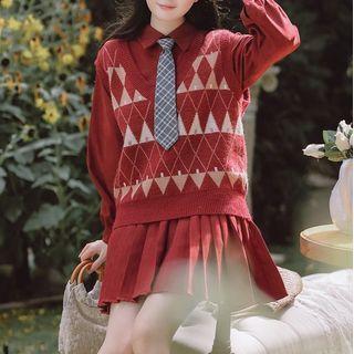 Set: Puff-sleeve Shirtdress + Geometric Print Sweater Vest