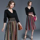 3/4-sleeve Floral Print Tie-waist V-neck A-line Long Sheath Dress