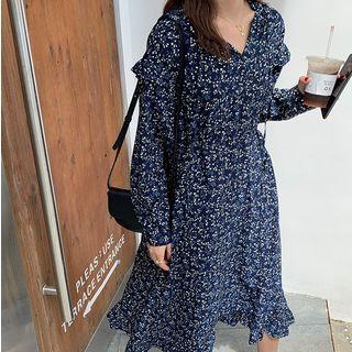 Hooded Long-sleeve A-line Midi Dress Blue - One Size