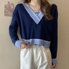 Mock Two-piece Two-tone Crop Knit Top
