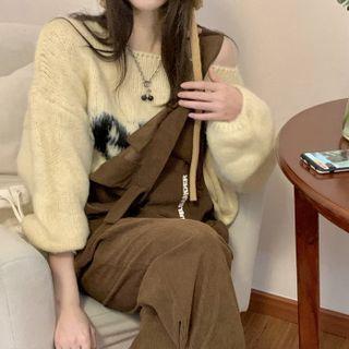 Off-shoulder Color Block Lettering Long-sleeve Sweater / Plain Pocket-detail Jumpsuit
