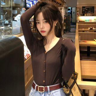 Long-sleeve V-neck Plain T-shirt Coffee - One Size