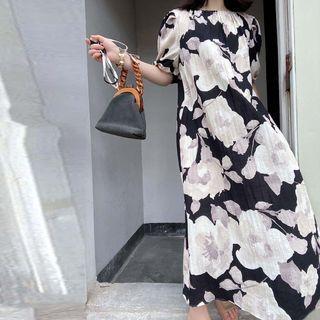 Floral Print Oversize Puff-sleeve Tie Waist Dress
