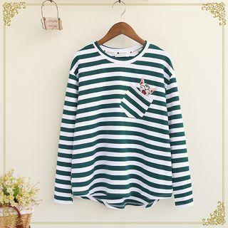 Cat Embroidered Striped Long Sleeve T-shirt