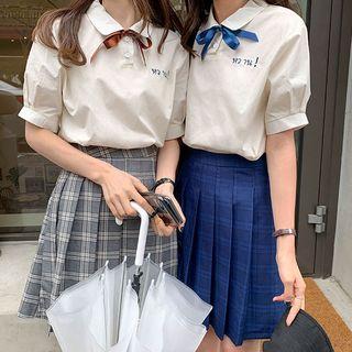 Embroidered Short-sleeve Shirt / Plaid Pleated A-line Skirt