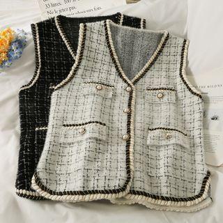 Glitter-trim Tweed Button-up Vest