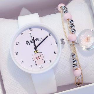 Set: Pig Print Plastic Strap Watch + Bead String Bracelet