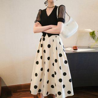 Set: Short-sleeve V-neck Mesh Panel Knit Top + High-waist Dotted Skirt
