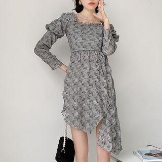 Long-sleeve Wood Ear Trim Slit Dress