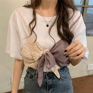 Short-sleeve Mock Two-piece Bow T-shirt