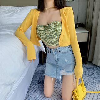 Plain Slim-fit Cardigan / Floral Tube Top