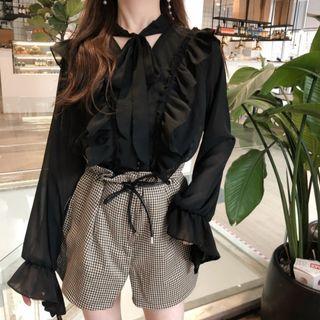 Long-sleeve Tie-neck Ruffled Chiffon Blouse Black - One Size