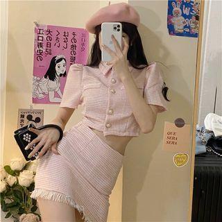 Short-sleeve Tweed Blouse / Mini Skirt