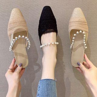 Faux Pearl Mesh Panel Block Heel Mules