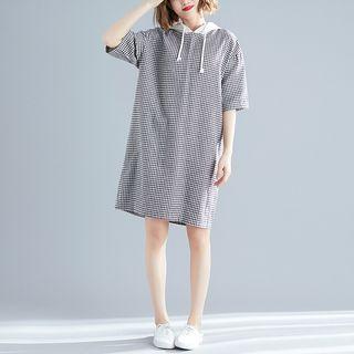 Elbow-sleeve Checker Hoodie Dress