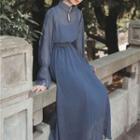 Long-sleeve Sheer Chiffon Lace Panel A-line Midi Dress