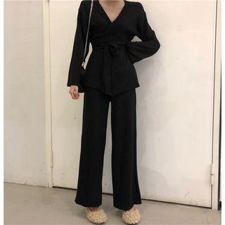 Long-sleeve Tie-waist Plain Top / High-waist Wide-leg Pants