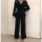 Long-sleeve Tie-waist Plain Top / High-waist Wide-leg Pants