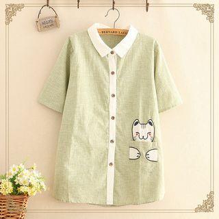 Pocket-front Cat Embroidered Short-sleeve Shirt As Shown In Figure - One Size