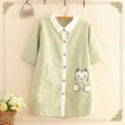 Pocket-front Cat Embroidered Short-sleeve Shirt As Shown In Figure - One Size