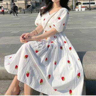 Strawberry Embroidered Puff-sleeve Midi A-line Dress