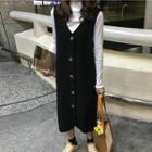 Long-sleeve Rib-knit Top / Sleeveless Buttoned Midi Knit Dress