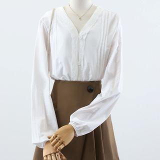 Puff-sleeve Lace Trim Blouse / Pleated A-line Skirt