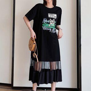 Short-sleeve Cartoon Print Mesh Panel Midi T-shirt Dress