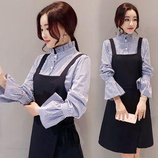 Set : Pinstripe Bell-sleeve Blouse + Pinafore