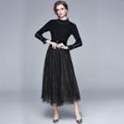 Set: Long-sleeve Ruffle Trim Knit Top + Mesh Midi A-line Skirt