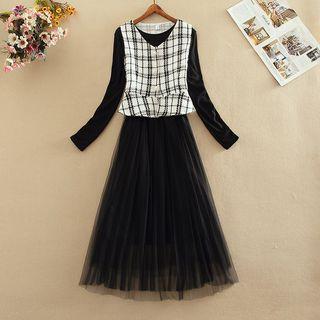 Set: Mesh Panel Long-sleeve A-line Dress + Plaid Vest