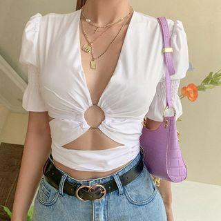 Cut-out-v-neck Puff-sleeve Cropped Blouse
