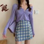 Pointelle Knit Cardigan / Plaid Mini A-line Skirt