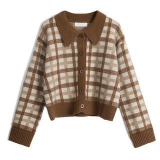 Collared Plaid Cropped Cardigan