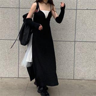 Set: Mesh Panel Midi Pinafore Dress + Tube Top Black - One Size