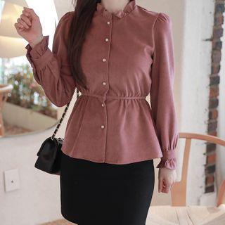 Frilled Tie-waist Faux-suede Blouse