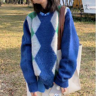 Argyle Knit Sweater Blue - One Size