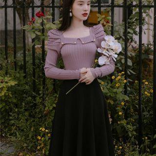 Set: Square-neck Shirred Knit Top + Midi A-line Skirt