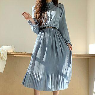 Frill-neck Midi Pleated Dress
