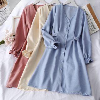 Ribbon-waist V-neck Shirtdress With Sash