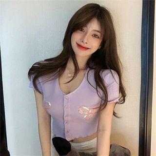 Short-sleeve Sequined Buttoned Crop Top