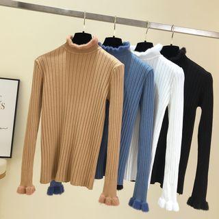 Mock Neck Furry-trim Long-sleeve Knit Top