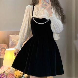 Spaghetti Strap Bow-back Velvet Mini Dress / Flared-cuff Mock-neck Top