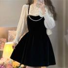 Spaghetti Strap Bow-back Velvet Mini Dress / Flared-cuff Mock-neck Top