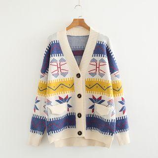 Patterned Rib Knit Buttoned Cardigan