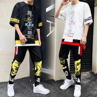 Set: Elbow-sleeve Lettering T-shirt + Sweatshorts