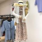 Set: Lace Trim Knitted Jacket + Floral Spaghetti Strap Jumpsuit