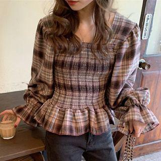 Puff-sleeve Plaid Blouse Gray - One Size